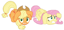 Size: 1200x567 | Tagged: safe, artist:benpictures1, imported from ponybooru, applejack, fluttershy, pinkie pie, earth pony, pegasus, pony, viva las pegasus, applejack's hat, appleshy, clothes, cowboy hat, cute, duo, duo female, ears, female, floppy ears, hat, inkscape, jackabetes, lesbian, mare, scared, shipping, shyabetes, simple background, transparent background, vector