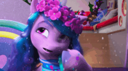 Size: 600x336 | Tagged: safe, imported from derpibooru, screencap, izzy moonbow, pony, unicorn, spoiler:g5, spoiler:winter wishday, animated, antlers, clothes, cute, derp, female, floral head wreath, flower, flower in hair, g5, gif, izzybetes, mare, my little pony: make your mark, my little pony: make your mark chapter 3, nope, scarf, smiling, snow, snowfall, solo, thinking, winter wishday, wreath