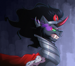 Size: 3472x3080 | Tagged: safe, artist:witchtaunter, imported from derpibooru, king sombra, pony, unicorn, armor, cape, chest fluff, clothes, colored horn, crown, curved horn, ear fluff, fangs, frown, g4, glowing, glowing eyes, gradient background, high res, horn, jewelry, male, regalia, snarling, solo, sombra eyes, sombra horn, stallion, teeth, the crystal empire 10th anniversary