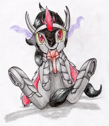 Size: 2704x3096 | Tagged: safe, artist:40kponyguy, derpibooru exclusive, imported from derpibooru, king sombra, unicorn, armor, bunny sitting, cloak, clothes, crystal, cute, hoof hold, looking at you, male, simple background, solo, sombradorable, stallion, the crystal empire 10th anniversary, traditional art, underhoof, white background