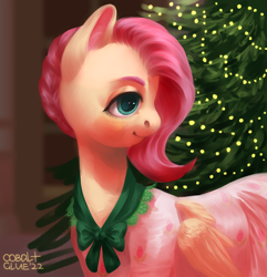 Size: 1930x2000 | Tagged: safe, artist:cobaltthecat, imported from derpibooru, flutterholly, fluttershy, earth pony, pony, christmas, christmas tree, clothes, dress, female, holiday, mare, smiling, solo, tree, turned head