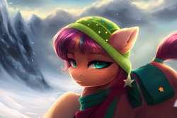 Size: 2112x1408 | Tagged: safe, editor:craft, imported from derpibooru, sunny starscout, earth pony, pony, spoiler:g5, spoiler:winter wishday, ai assisted, ai content, bag, clothes, comments locked down, female, g5, generator:purplesmart.ai, generator:stable diffusion, hat, looking at you, mare, saddle bag, scarf, snow, snowfall, the quality of ai art is frightening, toque, winter, winter wishday