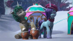 Size: 1280x716 | Tagged: safe, imported from derpibooru, screencap, hitch trailblazer, izzy moonbow, pipp petals, sunny starscout, zipp storm, dragon, earth pony, pegasus, pony, unicorn, spoiler:g5, spoiler:winter wishday, animated, bag, bells, beret, bongo beats, chillaxing, clothes, crown, diamonds, drums, fake antlers, female, floral head wreath, flower, flower in hair, g5, hat, heart, jewelry, male, mare, musical instrument, my little pony: make your mark, my little pony: make your mark chapter 3, onyx, paper crown, regalia, saddle bag, scarf, snow, snowfall, sound, sparky sparkeroni, stallion, toque, tree branch, webm, winter, winter hat, winter wishday, wreath