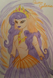 Size: 600x890 | Tagged: safe, artist:glaceonfrozen, imported from derpibooru, oc, oc:queen galaxia, human, breasts, celestia and luna's mother, clothes, dress, female, galaxy, humanized, looking at you, solo, traditional art