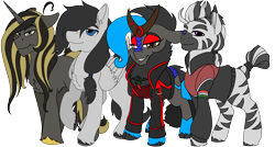 Size: 5616x3000 | Tagged: safe, artist:brainiac, imported from derpibooru, oc, oc only, oc:heccin pepperino, oc:knick knack, oc:nightingale, oc:zambuko, kirin, pegasus, unicorn, zebra, derpibooru community collaboration, 2023 community collab, cloven hooves, female, male, mare, simple background, stallion, transparent background