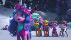 Size: 1280x716 | Tagged: safe, imported from derpibooru, screencap, hitch trailblazer, izzy moonbow, pipp petals, sunny starscout, zipp storm, dragon, earth pony, pegasus, pony, unicorn, spoiler:g5, spoiler:winter wishday, animated, bag, bells, clothes, crown, diamonds, fake antlers, female, floral head wreath, flower, flower in hair, g5, growling, hat, heart, jewelry, male, mane five (g5), mare, my little pony: make your mark, my little pony: make your mark chapter 3, paper crown, regalia, saddle bag, scarf, shocked, snow, snowfall, sound, sparky sparkeroni, speechless, stallion, tent, toque, tree branch, webm, weird, winter, winter hat, winter wishday, wreath