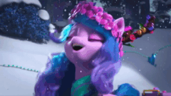 Size: 1280x720 | Tagged: safe, imported from derpibooru, screencap, hitch trailblazer, izzy moonbow, sunny starscout, dragon, earth pony, pony, unicorn, spoiler:g5, spoiler:winter wishday, animated, beret, clothes, fake antlers, female, floral head wreath, flower, flower in hair, g5, hat, impatient, mare, my little pony: make your mark, my little pony: make your mark chapter 3, onyx, pushing, scarf, snow, snowfall, sound, sparky sparkeroni, toque, tree branch, webm, winter, winter wishday, wreath