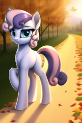 Size: 512x768 | Tagged: safe, imported from derpibooru, pony, ai content, ai generated, autumn, blank flank, cute, generator:novelai, generator:stable diffusion, leaves, missing horn, raised hoof, solo