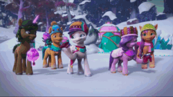 Size: 1280x716 | Tagged: safe, imported from derpibooru, screencap, hitch trailblazer, pipp petals, sunny starscout, zipp storm, earth pony, pegasus, pony, unicorn, spoiler:g5, spoiler:winter wishday, animated, bells, clothes, crown, crystal, diamonds, female, flying, g5, hat, heart, jewelry, lights, male, mare, my little pony: make your mark, my little pony: make your mark chapter 3, ornament, ornaments, paper crown, regalia, scarf, snow, snowfall, sparky sparkeroni, stallion, tree, tree branch, unnamed character, unnamed pony, winter hat, winter wishday