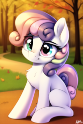 Size: 512x768 | Tagged: safe, imported from derpibooru, sweetie belle, pony, ai content, ai generated, autumn, blank flank, chest fluff, generator:novelai, generator:stable diffusion, heterochromia, leaves, missing horn, solo, tree