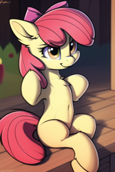 Size: 512x768 | Tagged: safe, imported from derpibooru, apple bloom, earth pony, pony, ai content, ai generated, belly button, blank flank, chest fluff, generator:novelai, generator:stable diffusion, raised hoof, sitting, solo