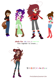 Size: 1120x1586 | Tagged: safe, artist:mamabird94, artist:prettycelestia, imported from derpibooru, oc, oc only, oc:blaze, oc:chester, oc:shelly fox, oc:shellychesterblaze, oc:techno paint, equestria girls, ahoge, boots, bracelet, clothes, curly hair, denim, flower, flower in hair, fusion, fusion:blaze, fusion:chester, fusion:shelly fox, fusion:techno paint, glasses, high heel boots, jeans, jewelry, many eyes, multiple arms, pants, ring, shoes, simple background, socks, species swap, striped socks, sweater, tail, white background