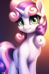 Size: 512x768 | Tagged: safe, imported from derpibooru, sweetie belle, pony, unicorn, ai content, ai generated, blank flank, generator:novelai, generator:stable diffusion, looking at you, simple background, smiling, solo