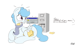 Size: 5092x3080 | Tagged: safe, artist:ricy, imported from derpibooru, oc, oc only, oc:file folder, pegasus, pony, cabinet, caught, clothes, commission, folder, male, offscreen character, open mouth, pegasus oc, scared, scarf, simple background, sitting, solo, stallion, white background, wings