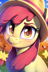 Size: 512x768 | Tagged: safe, imported from derpibooru, apple bloom, earth pony, pony, ai content, ai generated, autumn, generator:novelai, generator:stable diffusion, hat, leaves, looking at you, smiling, solo