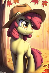 Size: 512x768 | Tagged: safe, imported from derpibooru, apple bloom, earth pony, pony, ai content, ai generated, autumn, blank flank, generator:novelai, generator:stable diffusion, hat, leaves, smiling, solo, tree