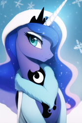 Size: 512x768 | Tagged: safe, imported from derpibooru, princess luna, alicorn, pony, ai content, ai generated, eyebrows, eyebrows visible through hair, female, generator:novelai, generator:stable diffusion, looking at you, mare, smiling, smiling at you, solo, winter, winter coat