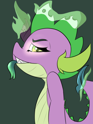 Size: 1200x1600 | Tagged: safe, artist:peppertech, imported from derpibooru, queen chrysalis, spike, comic:friendship is innuendo, broken horn, fanart, horn, shapeshifting, tongue out