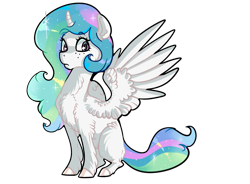 Size: 3800x2800 | Tagged: safe, artist:mylittlegodzilla, imported from derpibooru, princess celestia, alicorn, pony, aside glance, chest fluff, colored hooves, curved horn, female, fluffy, freckles, high res, hoof fluff, horn, leg fluff, looking at you, missing accessory, missing cutie mark, shoulder fluff, simple background, sitting, solo, sparkly mane, spread wings, teenager, three quarter view, transparent background, wings, young celestia