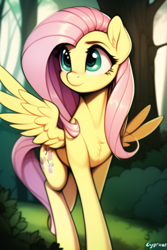 Size: 512x768 | Tagged: safe, imported from derpibooru, fluttershy, pegasus, pony, ai content, ai generated, bush, chest fluff, female, forest, generator:novelai, generator:stable diffusion, mare, smiling, solo, spread wings, tree, wings