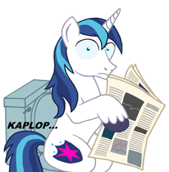 Size: 1105x1123 | Tagged: safe, anonymous artist, imported from derpibooru, shining armor, pony, unicorn, but why, implied pooping, implied scat, newspaper, onomatopoeia, scared, simple background, sitting, sitting on toilet, solo, toilet, toilet paper, transparent background, wide eyes