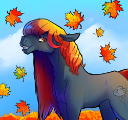 Size: 1280x1200 | Tagged: safe, artist:whitearbalest, imported from derpibooru, oc, oc only, oc:rain drop, earth pony, pony, autumn, leaves, long ears, smiling, solo