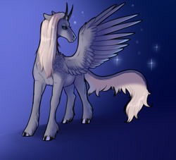 Size: 1280x1160 | Tagged: safe, artist:whitearbalest, imported from derpibooru, oc, oc only, oc:valaak, hybrid, pony, gradient background, grumpy, horns, male, solo, spread wings, wings