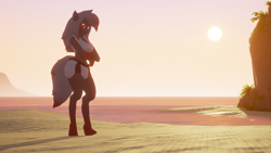 Size: 1280x720 | Tagged: safe, artist:spongepierre, imported from derpibooru, oc, oc only, oc:blood stain, anthro, earth pony, unguligrade anthro, 3d, armor, beach, commission, crossed arms, ocean, rule 63, solo, sunset, tower unite, unconvincing armor, video game, water