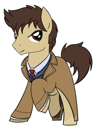 Size: 1700x2300 | Tagged: safe, artist:pencilsparkreignited, imported from derpibooru, doctor whooves, time turner, earth pony, pony, blue suit, brown coat, brown eyes, brown mane, clothes, coat, david tennant, doctor who, male, overcoat, red tie, short tail, sideburns, simple background, solo, spiky mane, stallion, tail, tenth doctor, timelord, watermark