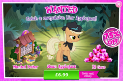 Size: 1957x1297 | Tagged: safe, imported from derpibooru, applejack, mean applejack, earth pony, pony, the mean 6, advertisement, applejack's hat, bandana, bucket, bush, clone, costs real money, cowboy hat, english, female, gameloft, gem, hat, leg wraps, mare, mirror universe, my little pony: magic princess, numbers, official, sale, solo, solo focus, text, tree, wanted poster