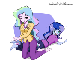 Size: 1300x1100 | Tagged: safe, artist:twilite-sparkleplz, imported from derpibooru, princess celestia, princess luna, human, equestria girls, ass, barefoot, butt, clothes, feet, female, fetish, foot tickling, jacket, laughing, missing shoes, one eye closed, pants, principal celestia, royal sisters, siblings, simple background, sisters, soles, tickle fetish, tickling, toes, vice principal luna, white background, wink