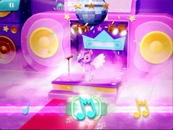 Size: 1714x1290 | Tagged: safe, imported from derpibooru, pipp petals, pegasus, pony, disco ball, g5, gameloft, microphone, my little pony: mane merge, speaker, stage