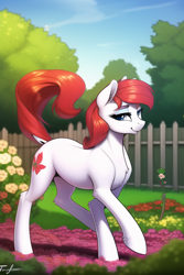 Size: 512x768 | Tagged: safe, editor:omnixious, imported from derpibooru, oc, oc only, oc:scarlet mallow, earth pony, pony, ai content, ai generated, chest fluff, dock, female, fence, flower, garden, generator:novelai, generator:stable diffusion, lidded eyes, looking at you, mare, raised tail, smiling, smiling at you, solo, tail