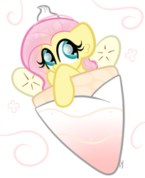 Size: 831x1019 | Tagged: safe, artist:sugarcloud12, imported from derpibooru, fluttershy, pony, banana crepe, chibi, simple background, solo, white background