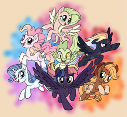 Size: 857x788 | Tagged: safe, artist:monochrome-sunsets, imported from derpibooru, applejack, fluttershy, pinkie pie, rainbow dash, rarity, spike, twilight sparkle, alicorn, dragon, earth pony, pegasus, pony, unicorn, alternate design, applejack's hat, coat markings, cowboy hat, ethereal mane, eyeshadow, facial markings, flying, hat, makeup, mane seven, mane six, recolor, spread wings, star (coat marking), starry hair, starry mane, starry tail, tail, twilight sparkle (alicorn), wings