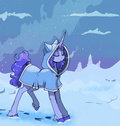 Size: 1446x1516 | Tagged: safe, artist:paskanaakka, derpibooru exclusive, imported from derpibooru, oc, oc only, oc:midnight dew, pony, unicorn, cloak, clothes, colored hooves, female, hood, mare, snow, solo, stars, tail, tail wrap, unshorn fetlocks, winter