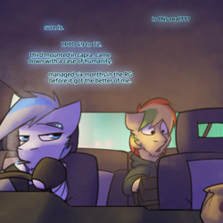 Size: 800x800 | Tagged: safe, artist:captainhoers, imported from derpibooru, oc, oc only, oc:rainbow code, oc:throttle track, earth pony, pegasus, the sunjackers, car interior, cigarette, cyberpunk, male, mitsubishi, mitsubishi starion, smoking, stallion