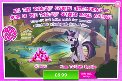 Size: 1954x1297 | Tagged: safe, imported from derpibooru, mean twilight sparkle, twilight sparkle, alicorn, pony, advertisement, clothes, costs real money, english, female, folded wings, gameloft, gem, horn, leg wraps, mare, my little pony: magic princess, numbers, official, sale, scarf, solo, solo focus, text, twilight sparkle (alicorn), wings