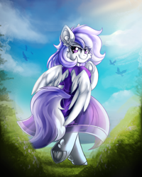 Size: 2401x3000 | Tagged: safe, artist:deraniel, imported from derpibooru, oc, oc:chicanery, pegasus, pony, bipedal, clothes, dress, female, looking at you, looking back, looking back at you, mare, outdoors, sky, smiling, solo, underhoof