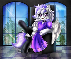 Size: 2480x2061 | Tagged: safe, artist:deraniel, imported from derpibooru, oc, oc only, oc:chicanery, pegasus, pony, choker, clothes, dress, looking at you, open mouth, open smile, reflection, smiling, solo, stockings, thigh highs, throne, window