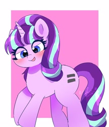 Size: 2635x3048 | Tagged: safe, artist:leo19969525, imported from derpibooru, starlight glimmer, pony, unicorn, blue eyes, blushing, cute, ears, ears up, equal cutie mark, female, glimmerbetes, horn, looking at you, mare, open mouth, open smile, pink background, s5 starlight, simple background, smiling, solo