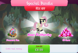 Size: 1268x859 | Tagged: safe, imported from derpibooru, fluttershy, mean fluttershy, pegasus, pony, the mean 6, bundle, clone, costs real money, english, female, fireworks, folded wings, gameloft, gem, headband, leg wraps, mare, my little pony: magic princess, numbers, official, sale, solo, solo focus, text, wings