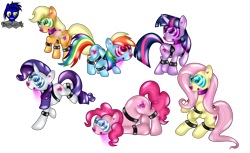 Size: 6784x4154 | Tagged: safe, artist:damlanil, imported from derpibooru, applejack, fluttershy, pinkie pie, rainbow dash, rarity, twilight sparkle, alicorn, earth pony, latex pony, original species, pegasus, pony, unicorn, bdsm, bondage, bound wings, close-up, clothes, collar, cuffs, encasement, female, gas mask, heart, horn, hypnogear, latex, living latex, mane six, mare, mask, mind control, raised hoof, restrained, rubber, rubber drone, rubber suit, shiny, shiny mane, show accurate, simple background, sitting, story, story included, transformation, transparent background, twilight sparkle (alicorn), vector, visor, wings