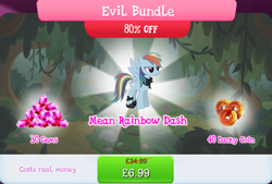 Size: 1264x856 | Tagged: safe, imported from derpibooru, mean rainbow dash, rainbow dash, pegasus, pony, the mean 6, bandana, bundle, clone, costs real money, english, female, gameloft, gem, leg wraps, mare, my little pony: magic princess, numbers, official, sale, solo, solo focus, spread wings, text, wings