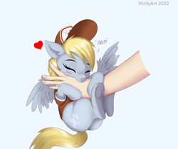 Size: 3888x3272 | Tagged: safe, artist:vinilyart, imported from derpibooru, derpy hooves, human, pegasus, pony, behaving like a cat, biting, blushing, clothes, cute, cuteness overload, daaaaaaaaaaaw, derpabetes, disembodied hand, duo, eyes closed, female, floating heart, frog (hoof), hand, hanging, heart, mare, nom, offscreen character, offscreen human, simple background, spread wings, underhoof, weapons-grade cute, white background, wings