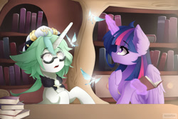 Size: 1280x854 | Tagged: safe, artist:natanvok, imported from derpibooru, twilight sparkle, alicorn, pony, unicorn, book, ear fluff, genshin impact, golden oaks library, open mouth, ponified, sucrose (genshin impact), twilight sparkle (alicorn)