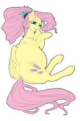 Size: 1864x2808 | Tagged: safe, artist:snspony, imported from derpibooru, fluttershy, pegasus, pony, belly, big belly, cute, lying down, preggoshy, pregnant, shyabetes, simple background, solo, white background