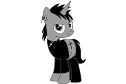 Size: 1200x800 | Tagged: safe, alternate version, artist:ruchiyoto, imported from derpibooru, oc, oc only, oc:black cross, unicorn, derpibooru community collaboration, 2023 community collab, boots, clothes, male, shoes, simple background, smiling, solo, stallion, transparent background