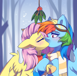 Size: 4190x4170 | Tagged: safe, artist:cheekipone, imported from derpibooru, fluttershy, rainbow dash, pegasus, pony, absurd resolution, blushing, bust, clothes, duo, eyebrow slit, eyebrows, eyes closed, female, floppy ears, flutterdash, goggles, goggles on head, heart, heart eyes, holly, holly mistaken for mistletoe, kiss on the lips, kissing, lesbian, mare, outdoors, partially open wings, scarf, shipping, snow, snowfall, striped scarf, unshorn fetlocks, wingding eyes, wings, winter outfit