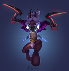 Size: 2840x2928 | Tagged: safe, artist:jedayskayvoker, imported from derpibooru, oc, oc:crimson vine, cyborg, deer, mantis, bdsm, blade, clothes, colored, colored sketch, cyberpunk, cyberpunk 2077, dark background, deer oc, eyebrows, eyelashes, full color, horns, jacket, looking at you, male, mascara, neon, non-pony oc, sketch, solo, stallion